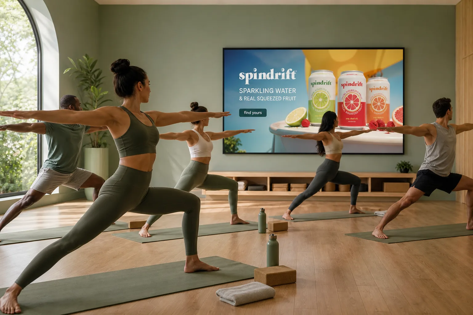 A yoga class flowing in warrior pose beneath a large wall screen displaying an advertisement