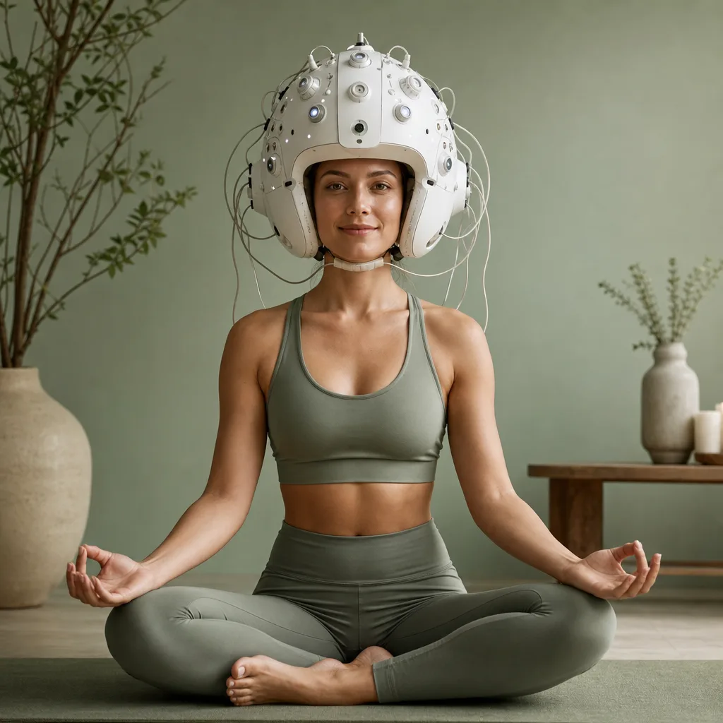 A serene meditator wearing an enormous white helmet covered in sensors and cables