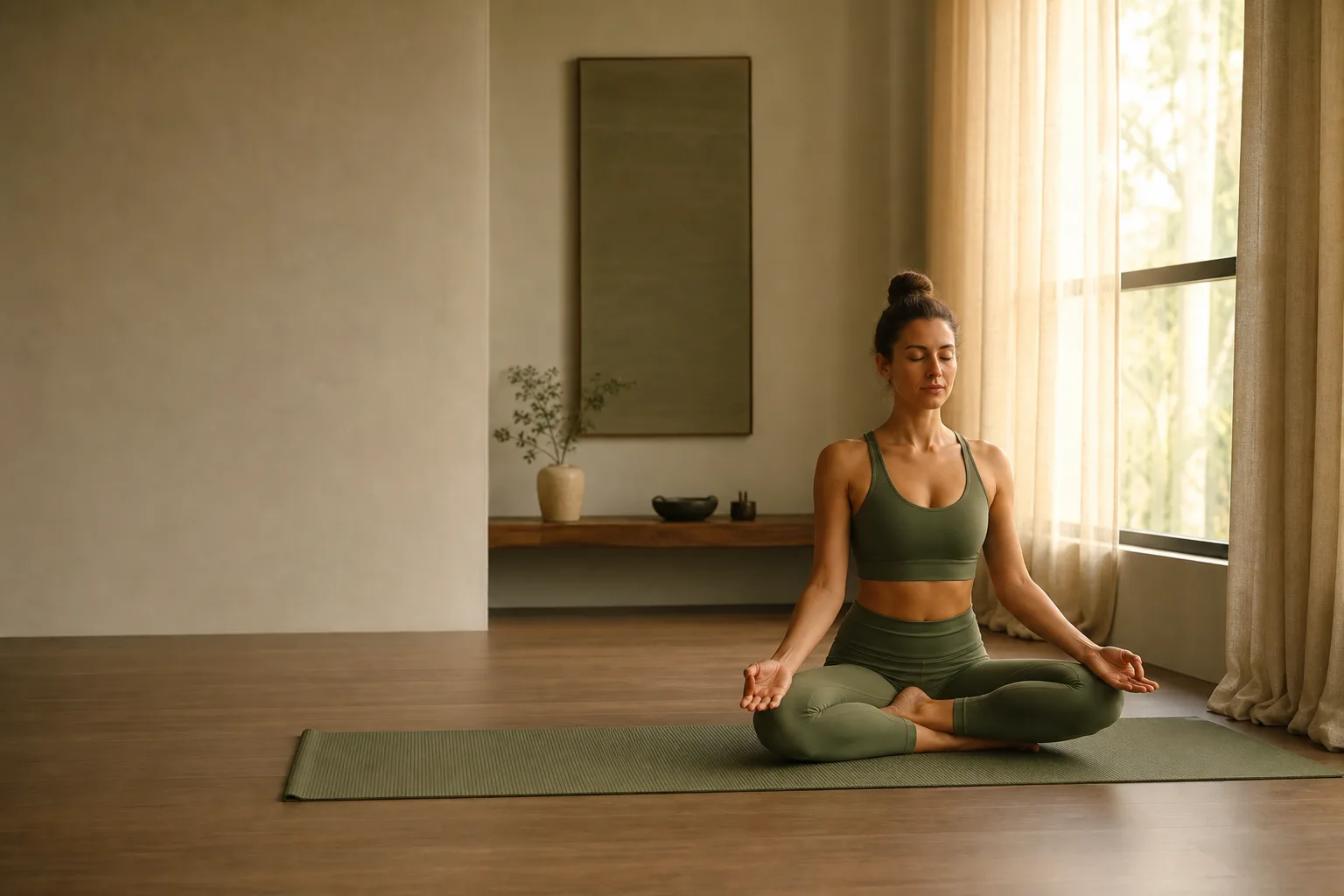 A person meditating in a serene, sunlit yoga studio