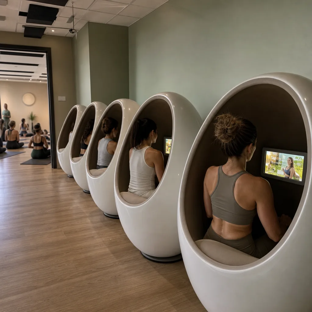 A row of small white pods in a room beside the yoga studio, each occupied by a member watching a screen playing a commercial